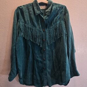 Vintage Cache Western Fringe Blouse Womens M Teal Embroidered Rayon Boho Cowgirl